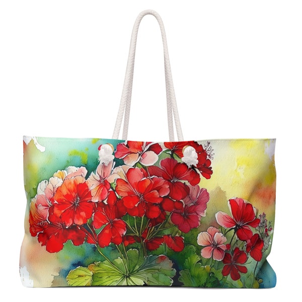 Oversized Rope Handle Tote Bag with Geranium Watercolor Art, Large Vacation Lined Beach Bag, Big Weekend Utility Flat Bottom Tote