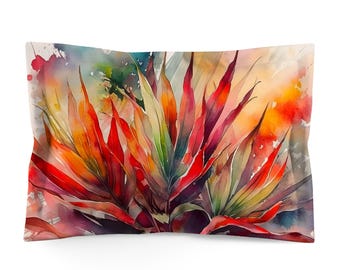 Pillow Sham with Cordyline Watercolor Art: Floral Cotton or Polyester, Standard or King Bedding