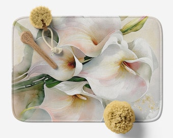 Bath Mat with Calla Lillies Watercolor Art, Microfiber Memory Foam Bathroom Rug, Anti-Slip Backing, Floral Non Slip Bathroom Rug