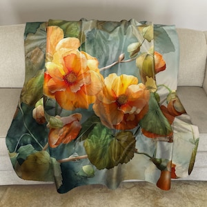 Sherpa Fleece Throw with Avens Geum Watercolor Art: Floral Plush Blanket