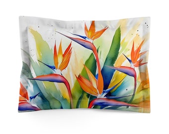 Bird of Paradise Watercolor Art Pillow Sham, Standard or King Pillow Case, Floral Bedroom Sham, Contemporary Romantic Bedding, Envelope Back