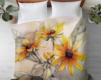 Duvet Cover with Black Eyed Susan Watercolor Art: Cotton or Microfiber Floral Bedding