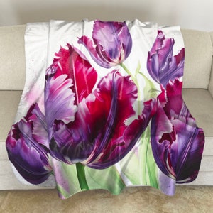 Sherpa Fleece Throw with Black Parrot Tulip Watercolor Art: Floral Plush Blanket