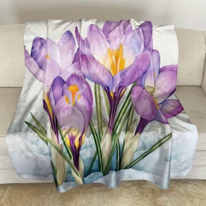 Sherpa Fleece Throw with Crocus Watercolor Art: Floral Plush Blanket