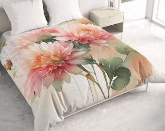 All Seasons Lightweight Comforter with Chrysanthemum Watercolor Art, Romantic Contemporary Quilt Bedding, Twin, Queen or King Size Bedspread