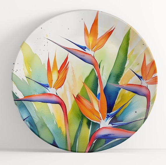 Plate with Bird of Paradise Watercolor Art: Floral Unbreakable Indoor/Outdoor Dinnerware