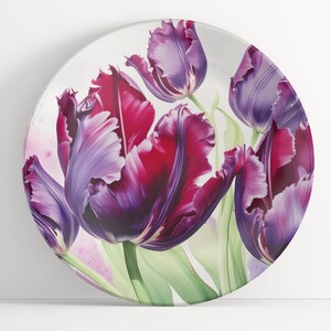 Plate with Black Parrot Tulip Watercolor Art: Floral Unbreakable Indoor/Outdoor Dinnerware
