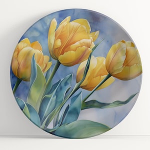 Plate with Yellow Tulips Watercolor Art: Floral Unbreakable Indoor/Outdoor Dinnerware