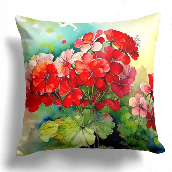 Decorative Pillow Cover with Geranium Watercolor Art, Throw Cushion Cover, 16x16 inch or 18x18 inch, Floral Square Accent Pillow Cover