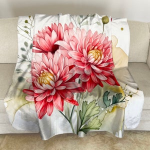 Sherpa Fleece Throw with Pink Chrysanthemum Watercolor Art: Floral Plush Blanket