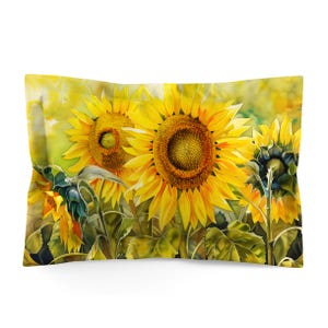 Sunflower Watercolor Art Pillow Sham, Standard or King Pillow Case, Floral Bedroom Sham, Contemporary Romantic Bedding, Envelope Back