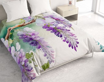 All Seasons Lightweight Comforter with Wisteria Watercolor Art, Romantic Contemporary Quilt Bedding, Twin, Queen or King Size Bedspread