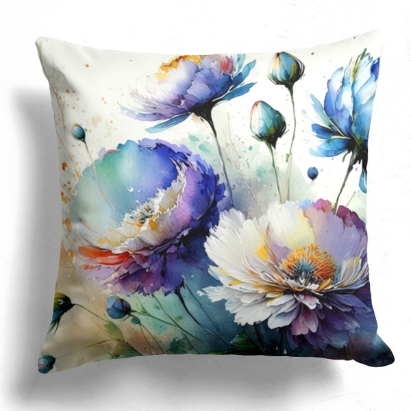 Decorative Pillow Cover with Blue and Purple Flower Watercolor Art, Throw Cushion Cover, 16x16 in or 18x18 in, Floral Accent Pillow Cover