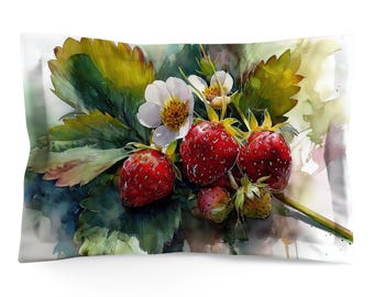 Pillow Sham with Strawberry Watercolor Art: Floral Cotton or Polyester, Standard or King Bedding