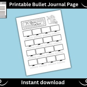 May include: Printable TV show tracker bullet journal page with a black and white illustration of a television screen, popcorn, and a drink. The page has 12 television screens with space to write the name of the show, the episode number, and a rating.