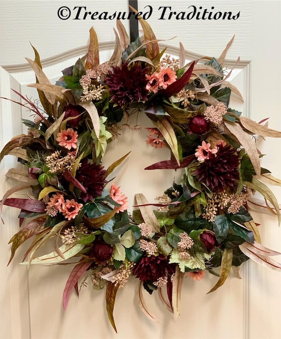 Burgundy Fall Wreath, Autumn Door Decor, Lavender Floral Wreath, Fall Wreath, Fall Front Door Wreath,  front door decor, Fall Decor, Harvest