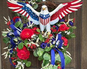 American Eagle Door Hanger, Large Eagle Wreath, Americana Front Door Decor, Patriotic Eagle Decor, Red White Blue Wreath