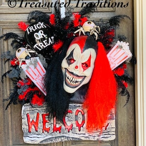 Creepy Clown Halloween Wreath with Flickering Lighted Welcome Sign, Red Black Horror Carnival, Scary Circus Door Decor, Scary Clown wreath