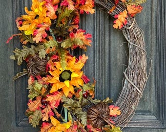 Vibrant Fall Wreath for front door, Fall Sunflower Grapevine Wreath with Pumpkins, Farmhouse Fall Wreath, Fall pumpkin and sunflower wreath,