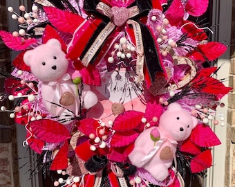 Valentine wreath, teddy bear wreath, Pink wreath, Valentine door, Pink and black wreath, baby girl gift, Valentine decor, nursery decor