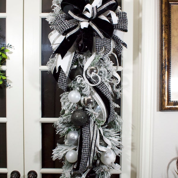 75"  GORGEOUS! Elegant Christmas Black and White Chanel Inspired Teardrop Swag With Designer Ribbon For Front Door or Wall