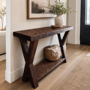 Rustic Farmhouse Hand Hewn Console Table with X Legs Unique Country Decor Accent Piece