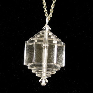 VINTAGE Crystal Clear Lucite Art Deco Style Swarovski crystal Pendant Necklace Silver Plate l8&quot;+
