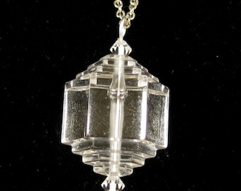 VINTAGE Crystal Clear Lucite Art Deco Style Swarovski crystal Pendant Necklace Silver Plate l8"+