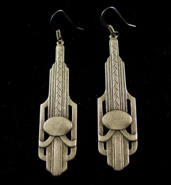 Art Deco Style design silver oxide  dramatic stylish long sterling silver earrings