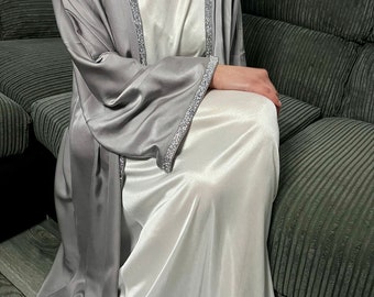 Luxury 3 Piece Silk Abaya Set, Embellished Sleeves, Modest Fashion, Women’s Islamic Clothing