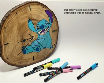 Handmade wooden wall clock, stitch disney characters clocks ,silence mechanism clock