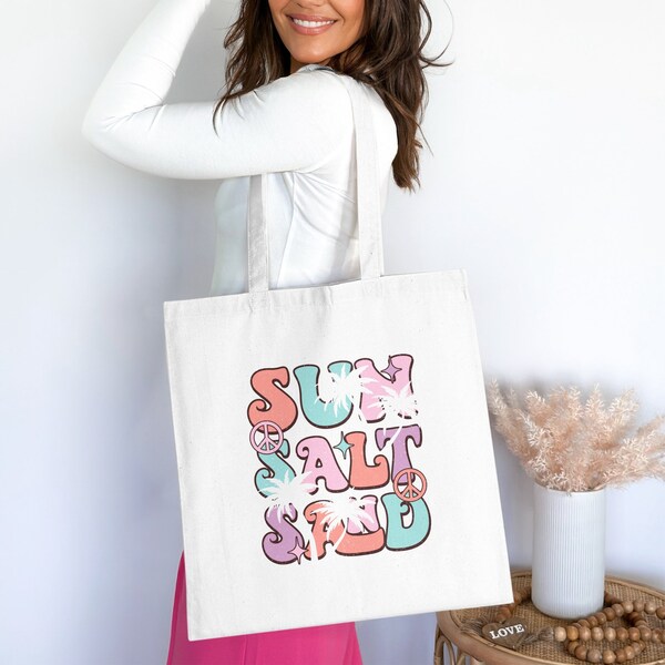 Retro Summer Salt Tote Bag, Beach Vibes Canvas Bag, Pastel Pink and Teal Palm Trees