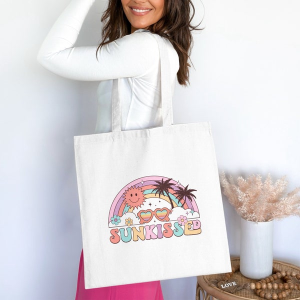 Retro Sunkissed Rainbow and Palm Trees Tote Bag, Vintage Style Summer Beach Bag, Colorful Casual Shoulder Bag