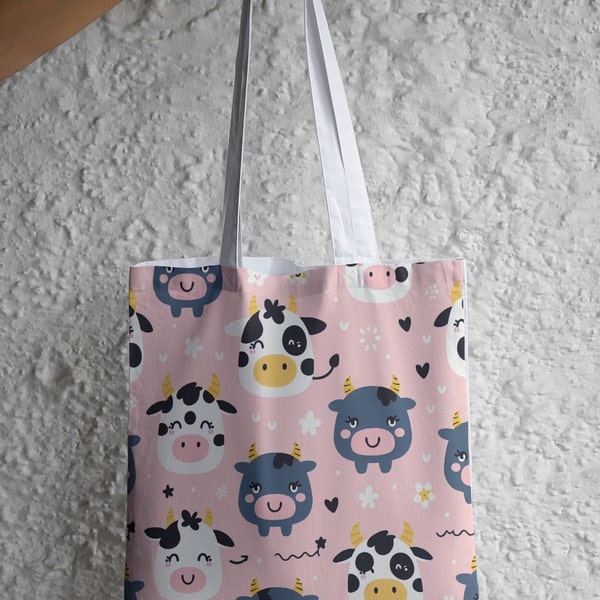 Kawaii tote bag, cute cow tote bag, gift for her, cow pattern gift, cutesy tote bag, cow print tote bag