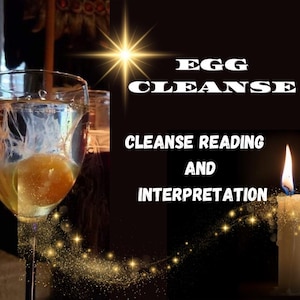 Könnte beinhalten: Ein Glas Wasser mit einem Eigelb darin, eine brennende Kerze und der Text "Egg Cleanse, Cleanse Reading and Interpretation" auf schwarzem Hintergrund mit goldenem Glitzer.