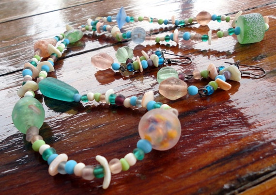 Items similar to Vintage Handmade Sea Glass Beads Necklace and Earring ...