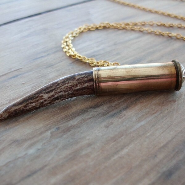 Shed Natural Deer Antler Pendant with Bullet Shell Cap on Chain