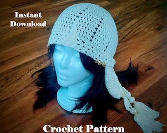 May include: A white crochet Boho bandana hair scarf with a tassel design. The scarf is displayed on a mannequin head with black hair. Text on the image reads "Boho Bandana Hair Scarf", "Instant Download", and "Crochet Pattern".