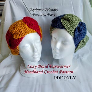 May include: Two crochet earwarmers on white mannequin heads. One is red and gold, the other is blue and green. Text on the image reads "Beginner Friendly, Fast and Easy" and "Cozy Braid Earwarmer Headband Crochet Pattern PDF ONLY."