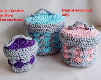 Crochet Pattern 3-in-1 Storage Boxes with lids