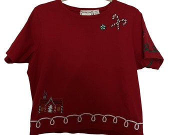 Michael Simon Lite Vintage 1980's Red Cropped Embroidered Christmas T-Shirt - L