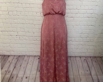 Vintage 1970's Lorrie Deb Union Label Pink Long Floral Zip Formal Dress - 7/8