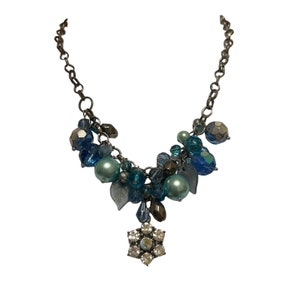 Vintage Metal Blue Tone Faux Rhinestones & Pearls Flower Statement Necklace