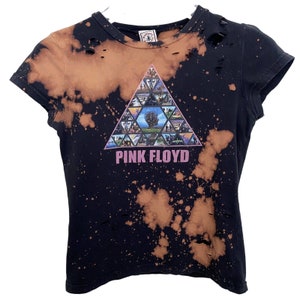 Camiseta feminina de banda de rock descolorida e reciclada do Pink Floyd - tamanho pequeno
