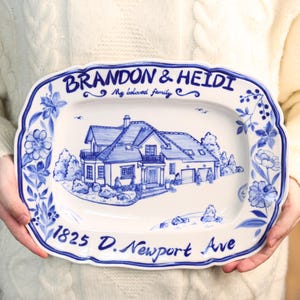 Custom Handmade House Plate 32cm x 25.5cm (12.6&quot; x 10&quot;) Blue and White Home Portrait Dish Personalized Gift Hand-painted Decorative  Platter