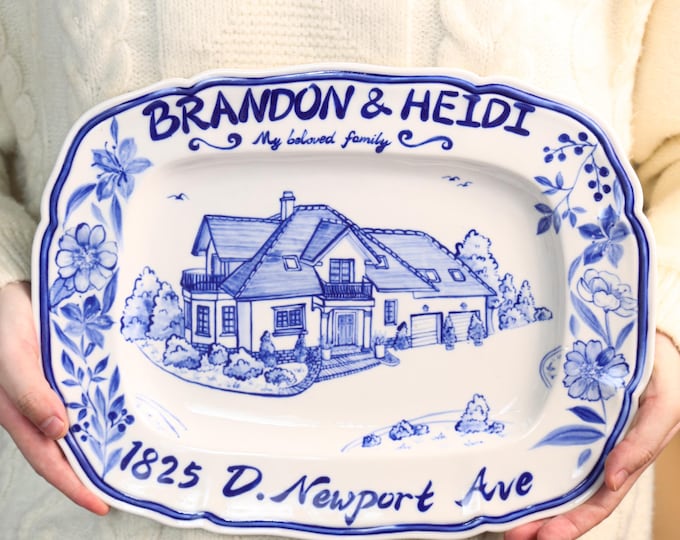 Custom Handmade House Plate 32cm x 25.5cm (12.6" x 10") Blue and White Home Portrait Dish Personalized Gift Hand-painted Decorative  Platter
