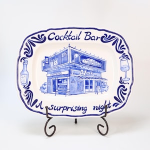Personalized Handmade House Plate 32cm x 25.5cm (12.6&quot; x 10&quot;) Blue and White Home Portrait Plate Custom Gift Hand-painted Decorative Platter
