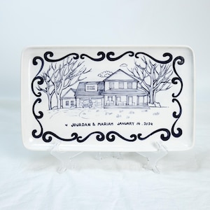 Custom Large House Portrait Ceramic Plate 12.5&quot;Personalized Home Family Platter Housewarming Gift Handpainted Unique Gift Fruit Serving Tray