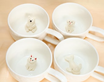 Taza blanca con forma de ballena, ideal como regalo para mascotas, con forma de perro y gato oculto de cerámica, hecha a mano, figura 3D, ideal para bebidas, reutilizable, con forma de oso.