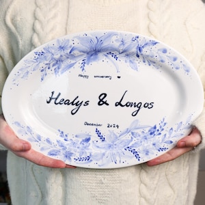 Custom Ceramic Engagement Plate Personalized Bride Groom Husband Wife Wedding Platter Anniversary Family Housewarming Gift Blue Floral Plate